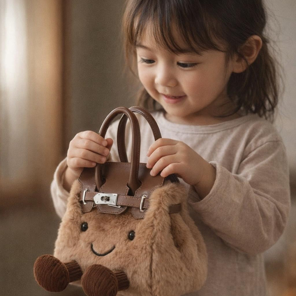 Child holding aLittle Lady Bag  with a smiley face