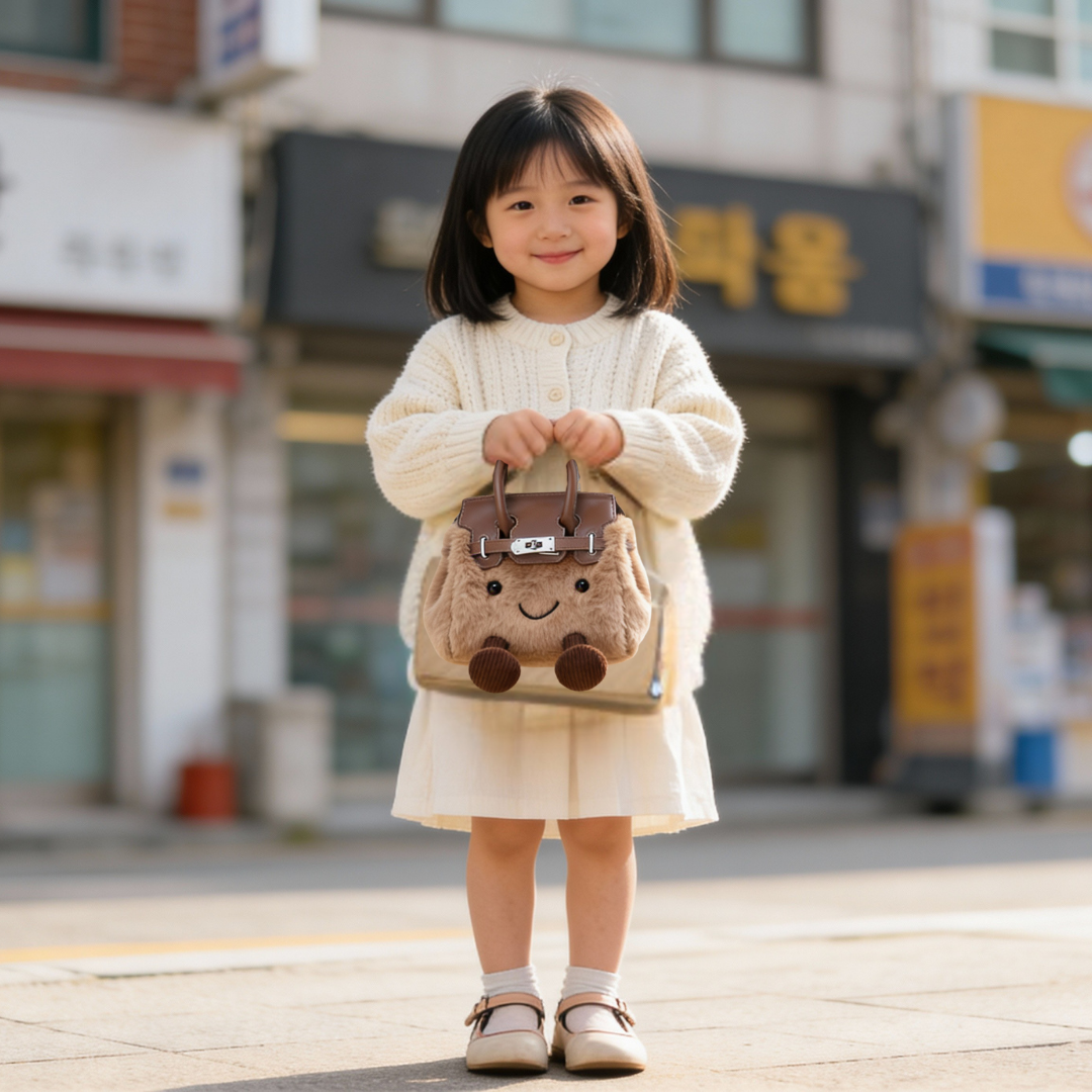 Young girl holding a Little Lady Bag  with a smiley face design on a city street.